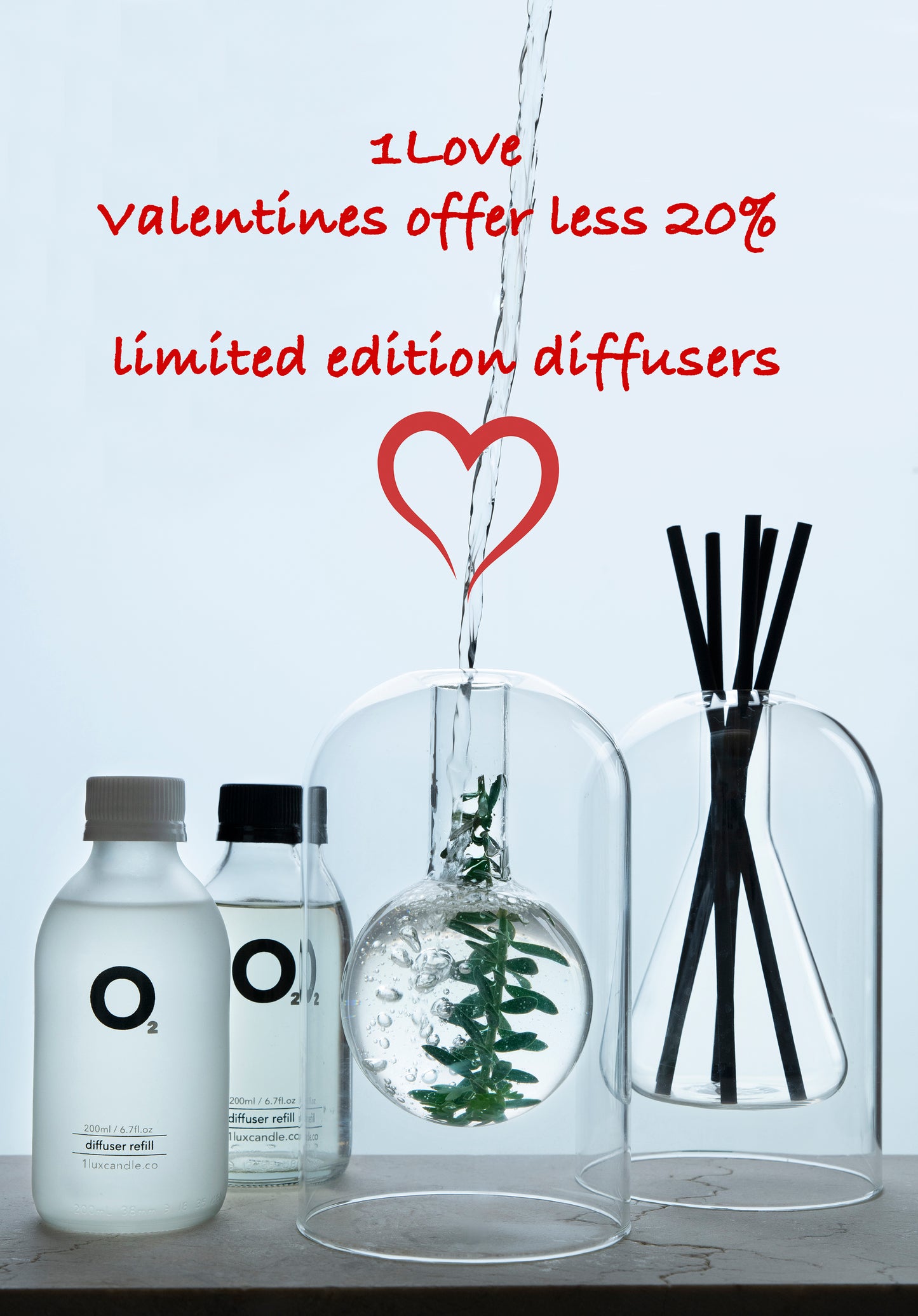 Double Pack LESS 20% Valentines Month 'FragranceLab' Triangle + Ball Shape Glass Jars PLUS 2 Fragrance Oils + 2 x Sets Diffuser Reeds