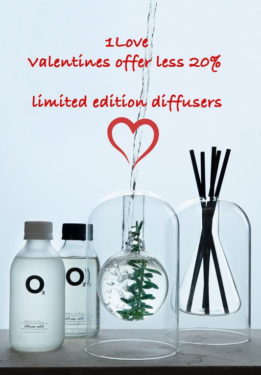 Double Pack LESS 20% Valentines Month 'FragranceLab' Triangle + Ball Shape Glass Jars PLUS 2 Fragrance Oils + 2 x Sets Diffuser Reeds